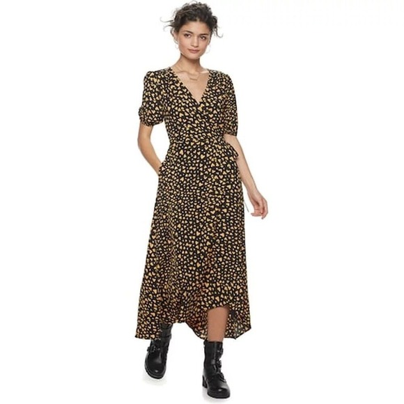 POPSUGAR Dresses & Skirts - POPSUGAR Black Yellow Heart Print Wrap Maxi Dress Puff Sleeve XS